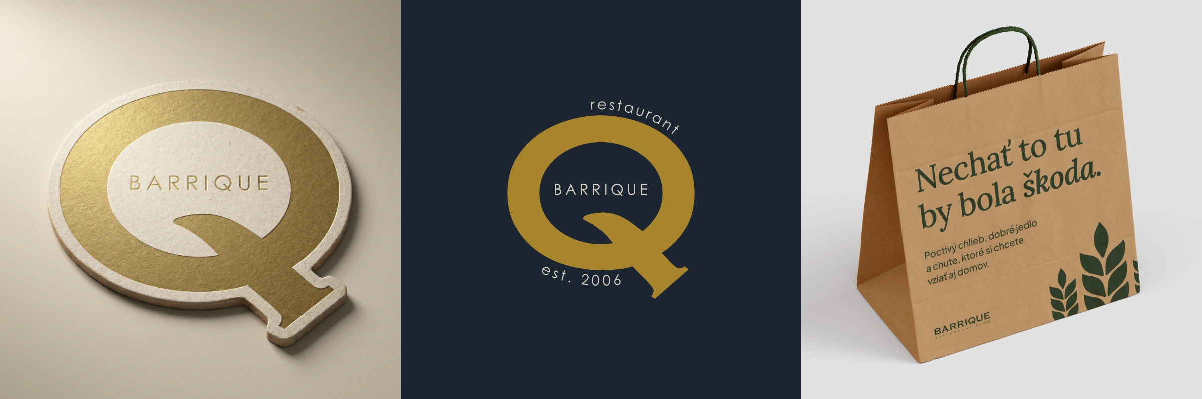 Q ikona BARRIQUE na podpivníku, logo a taška na jedlo